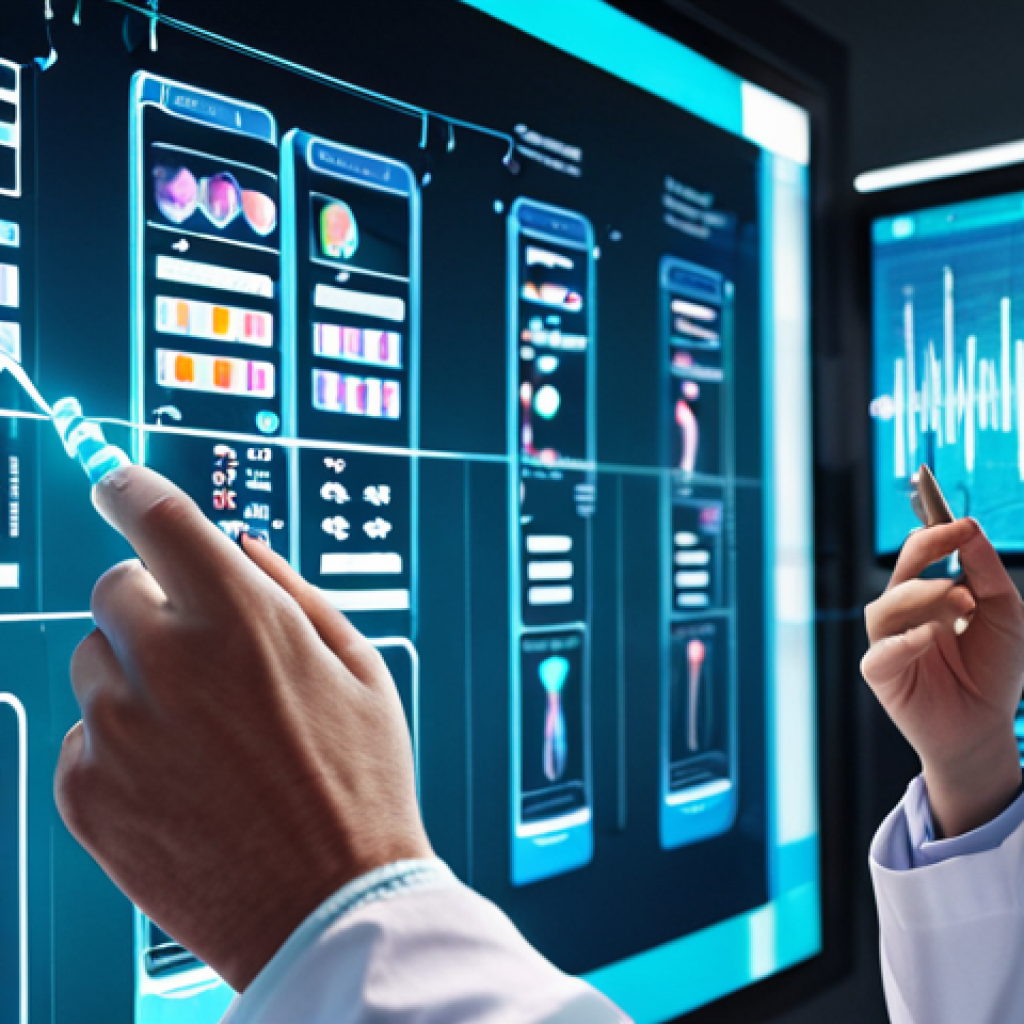 **Genetic Testing Illustration:** A futuristic doctor examining a DNA strand on a holographic display. The background shows a diverse group of people, subtly highlighting personalized medicine. Emphasis on clean, modern medical technology.