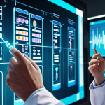 **Genetic Testing Illustration:** A futuristic doctor examining a DNA strand on a holographic display. The background shows a diverse group of people, subtly highlighting personalized medicine. Emphasis on clean, modern medical technology.