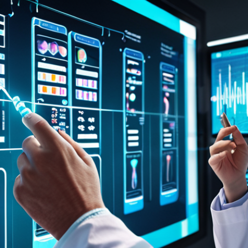 **Genetic Testing Illustration:** A futuristic doctor examining a DNA strand on a holographic display. The background shows a diverse group of people, subtly highlighting personalized medicine. Emphasis on clean, modern medical technology.