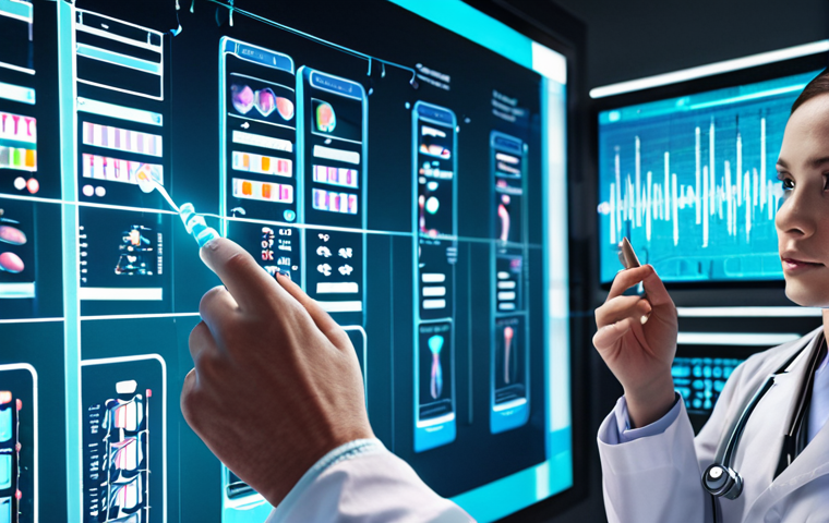 **Genetic Testing Illustration:** A futuristic doctor examining a DNA strand on a holographic display. The background shows a diverse group of people, subtly highlighting personalized medicine. Emphasis on clean, modern medical technology.