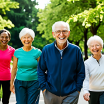 A diverse group of individuals representing different generations, including an active senior and a young professional, enjoying a vibrant, healthy lifestyle in a modern, sunlit park. They are engaged in activities like brisk walking, gentle stretching, and shared laughter. All subjects are fully clothed in appropriate, modest athletic wear. The background seamlessly transitions from lush green foliage to a subtle, abstract representation of financial well-being, like gentle rising graphs or a serene, bright office space in the distance. The overall atmosphere conveys peace, longevity, and smart investment in health. Professional photography, high quality, perfect anatomy, correct proportions, natural pose, well-formed hands, proper finger count, natural body proportions, safe for work, appropriate content, fully clothed, family-friendly.