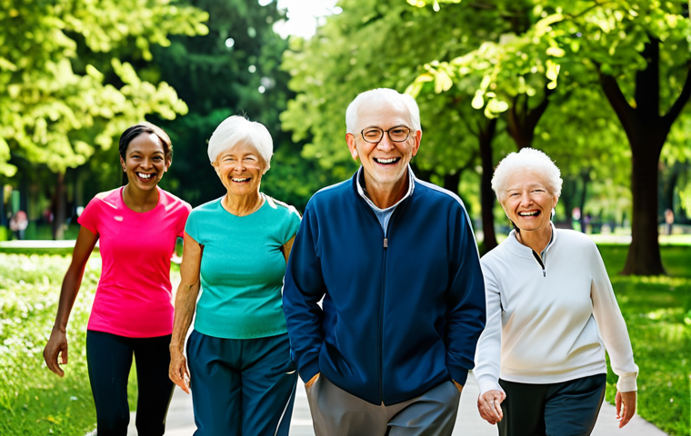 A diverse group of individuals representing different generations, including an active senior and a young professional, enjoying a vibrant, healthy lifestyle in a modern, sunlit park. They are engaged in activities like brisk walking, gentle stretching, and shared laughter. All subjects are fully clothed in appropriate, modest athletic wear. The background seamlessly transitions from lush green foliage to a subtle, abstract representation of financial well-being, like gentle rising graphs or a serene, bright office space in the distance. The overall atmosphere conveys peace, longevity, and smart investment in health. Professional photography, high quality, perfect anatomy, correct proportions, natural pose, well-formed hands, proper finger count, natural body proportions, safe for work, appropriate content, fully clothed, family-friendly.