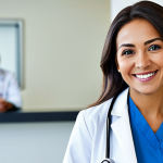**

"A professional female doctor in a clean, modern clinic, wearing a white coat and stethoscope, fully clothed, appropriate attire, safe for work. She is smiling warmly and looking directly at the viewer. The background includes medical equipment and a blurred image of patients in the waiting area. Natural lighting, perfect anatomy, correct proportions, professional medical photography, high quality, family-friendly, modest."

**