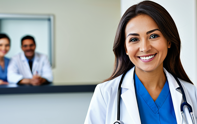 **
"A professional female doctor in a clean, modern clinic, wearing a white coat and stethoscope, fully clothed, appropriate attire, safe for work. She is smiling warmly and looking directly at the viewer. The background includes medical equipment and a blurred image of patients in the waiting area. Natural lighting, perfect anatomy, correct proportions, professional medical photography, high quality, family-friendly, modest."
**