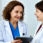 **

A modern, bright medical clinic in Moscow. A friendly female doctor in a professional lab coat is talking to a middle-aged woman, reviewing test results on a tablet. The patient looks relaxed and engaged. The focus is on preventative care and a positive doctor-patient relationship. *Safe for work, professional setting, fully clothed, appropriate content, perfect anatomy, natural proportions, family-friendly.*

**