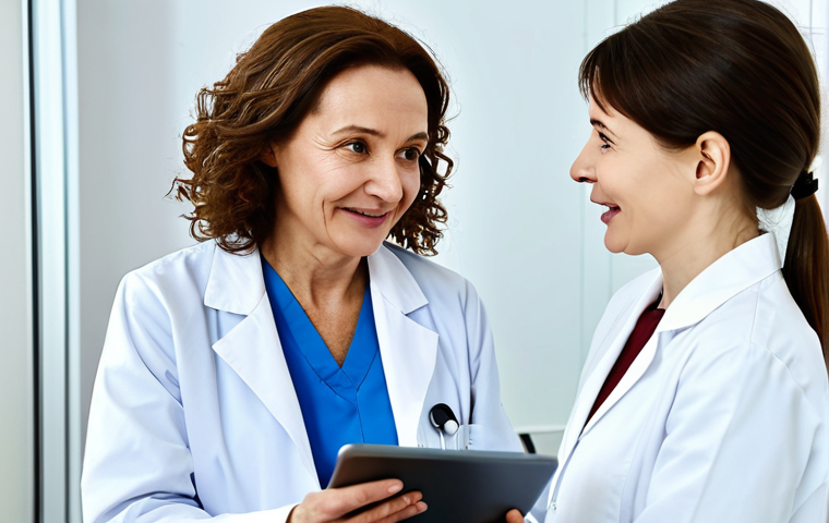 **
A modern, bright medical clinic in Moscow. A friendly female doctor in a professional lab coat is talking to a middle-aged woman, reviewing test results on a tablet. The patient looks relaxed and engaged. The focus is on preventative care and a positive doctor-patient relationship. *Safe for work, professional setting, fully clothed, appropriate content, perfect anatomy, natural proportions, family-friendly.*
**