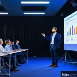 Home 21 예방의학 학회 발표 준비법 - A professional conference scene featuring a confident male medical speaker in classic business attir...