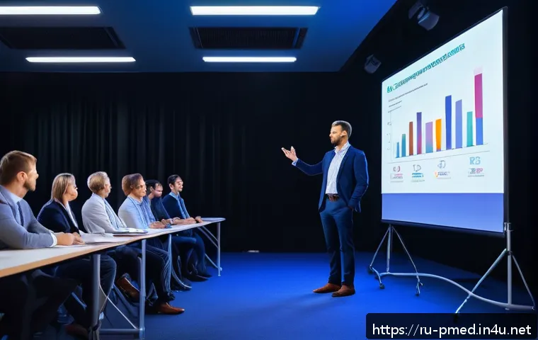 예방의학 학회 발표 준비법 - A professional conference scene featuring a confident male medical speaker in classic business attir...