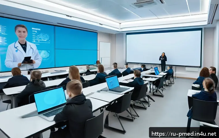 예방의학 관련 강의 추천 - A modern classroom setting in a Russian medical university, featuring diverse students attentively l...