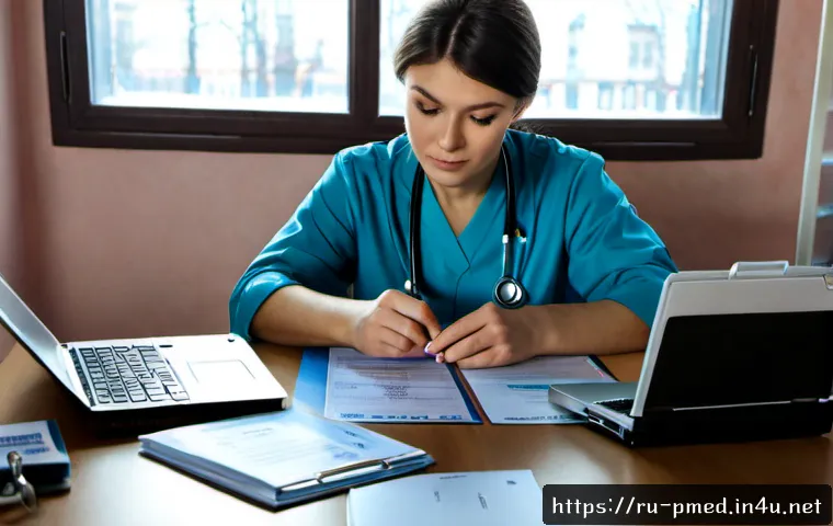 Home 17 예방의학 국제 자격증 정보 - Photorealistic Russian public health physician in a neat Moscow clinic office, thoughtfully comparin...