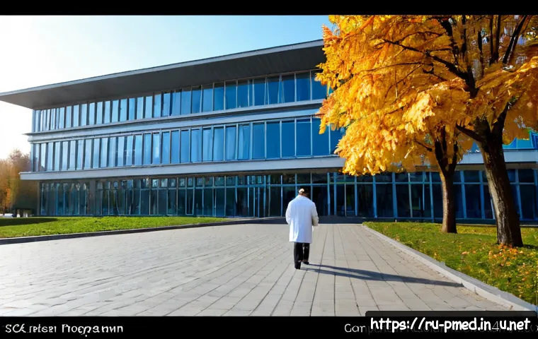 Home 17 예방의학의 주요 연구기관 소개 - Photorealistic exterior of a major preventive medicine research institute in Moscow, modern glass-an...